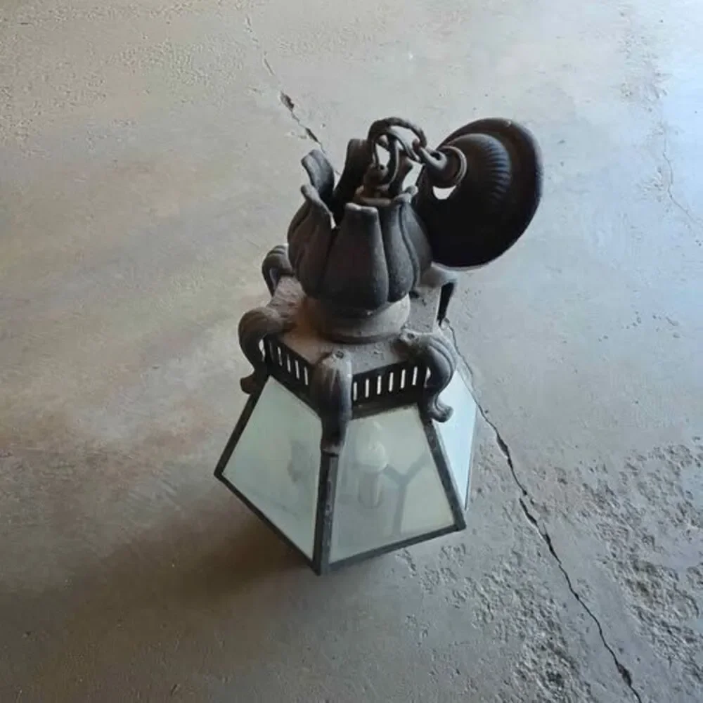 Vintage Gothic Revival Hanging Porch Lantern Large Tudor Cast Metal Entryway